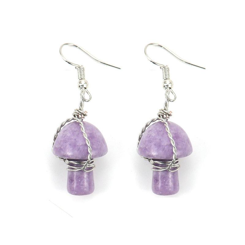 Hand-Wrapped Natural Stone Amethyst Crystal Stone Cute Little Mushroom Stud Earrings Pendant Earrings E39 лиловый