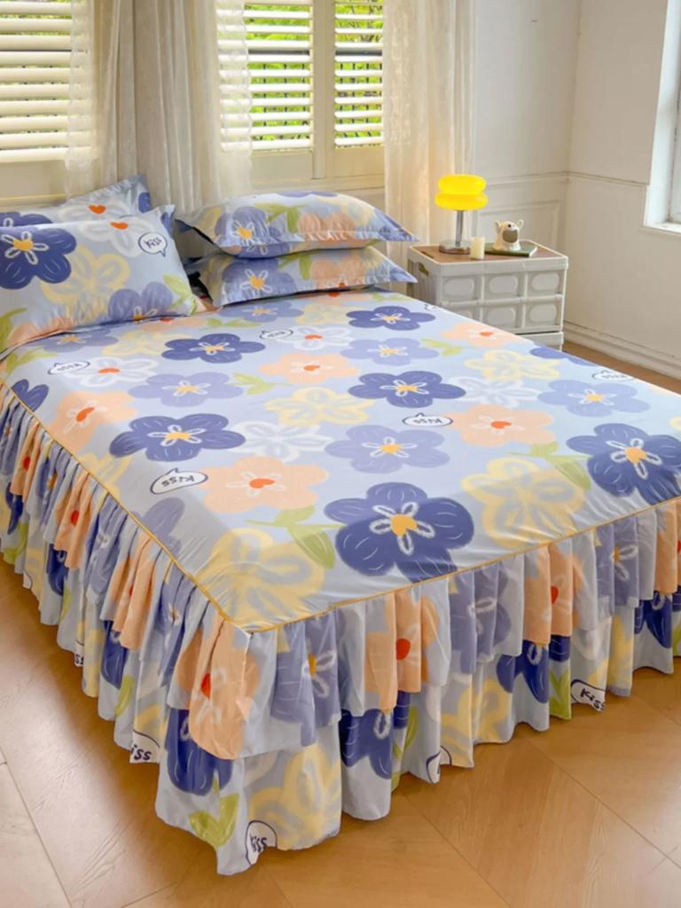 2 Layer Lace Bedspread Bed Skirt Style Bedcover 1.5/1.8/2 Meter Bed Dustproof Anti-skid Three Piece Pillowcases Bed Covers