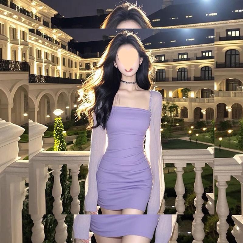 Niche Korean Square Neck Mesh Purple Long Sleeve Dress - 2025 Women's Style, Waist-cinching, Hip-hugging Skirt.