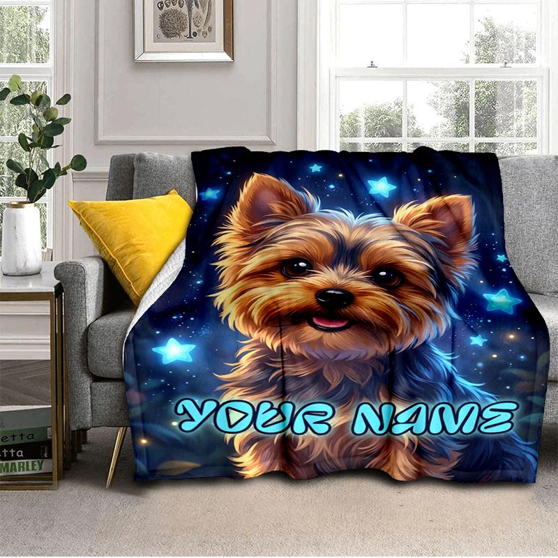 1PC Custom Name "Starry Night Yorkie Portrait" flannel blanket versatile,all-season throw suitable for the living room,bedroom,camping,travel,and gift