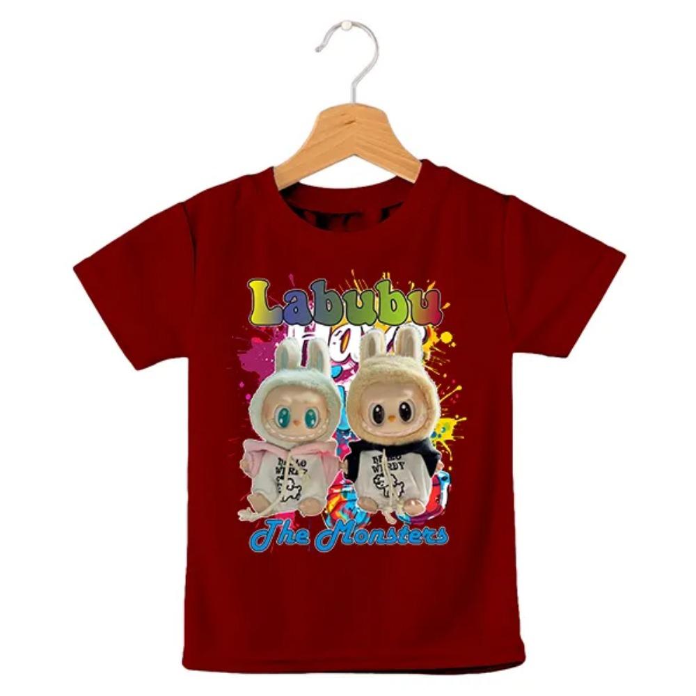 

2025 New Labubu Printed Children s T-shirt with LABUBU Pattern on Hoodie for Girls, Round Neck Short Sleeved Fashionable Clothing 110