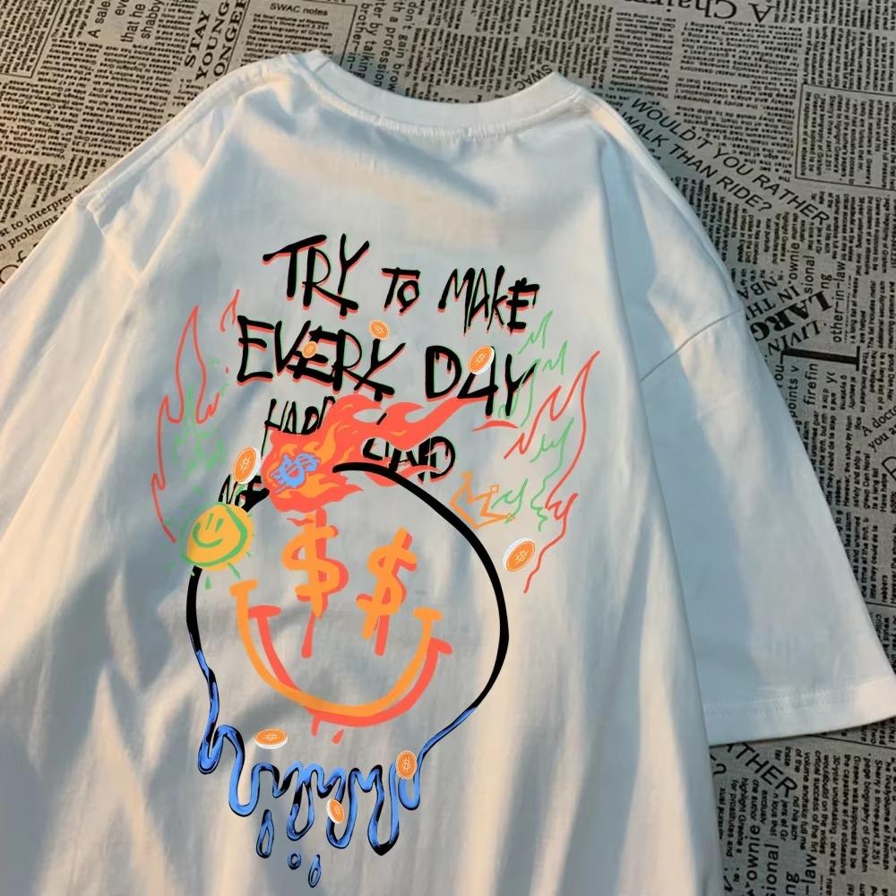 Try To Make Every Day Happy Tops Man Hip Hop Loose T Shirts Vintage Breathable Casual Wear Personality O-Neck Clothing Women