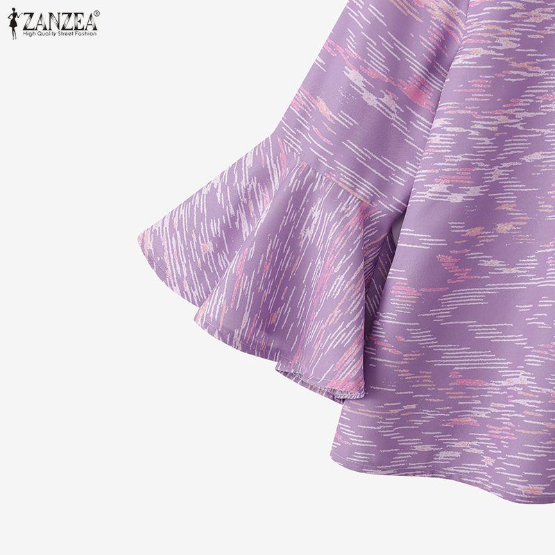 ZANZEA Women Casual Round Neck Flare 3/4 Sleeve Loose Print Blouse