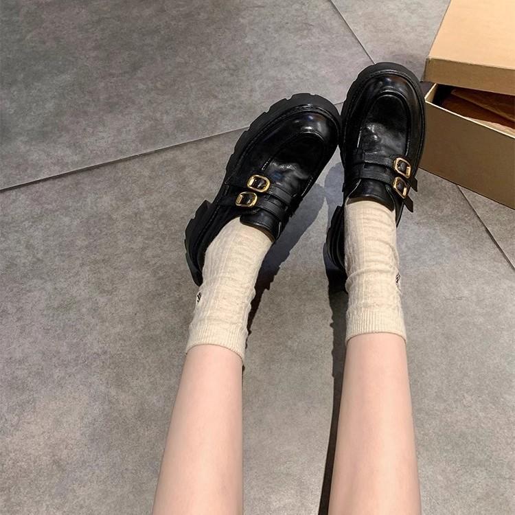 The Same Style, with a Height Increase of 6cm, Washed Horse Skin, Small Gold Buckle, Thick Heel, Thick Sole, Loafer Single Shoes, Small Leather Sho