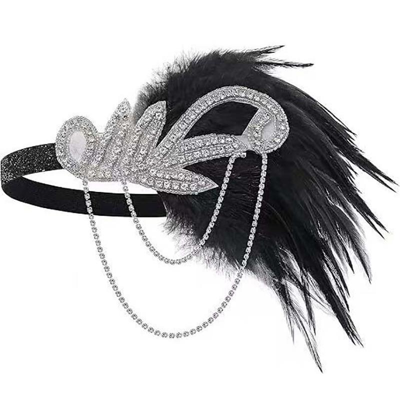 1920S Flapper Dress Accessories Retro Party Props Feather Headband For Wedding Girl Rhinestone Tassels Headpiece 05