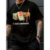 European Sizes Men's "I Eat Cement" Curse Humor T-Shirt with Cat - Funny Swearing Design, Quirky Novelty Gift, Round Neck Short Sleeve Casual Shirt