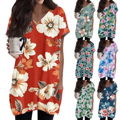 Women's Retro Flower And Leaf Print V-Neck Midi Pocket Short Sleeve Top
