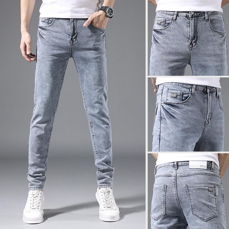 Summer men's jeans slim fit elastic pants for men Korean style trendy youth light-colored trousers