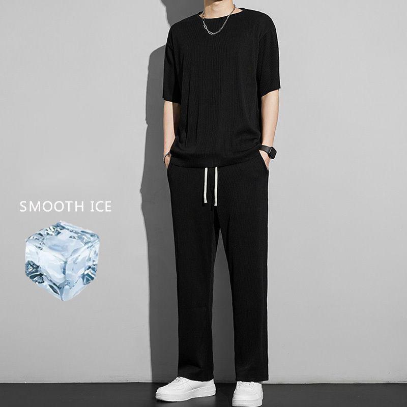 Spring Summer Men's Quick Dry Models Plus Size Solid Colour Thin Short Sleeved T Shirt + Trousers Sports Two Piece Set