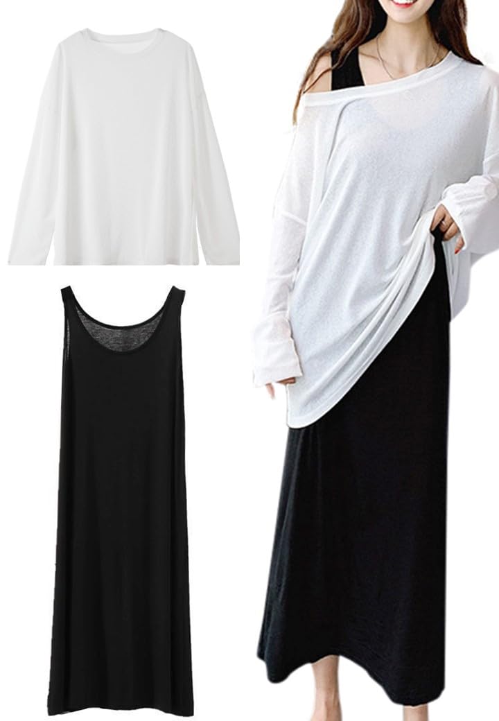 

RIRIOA Пижама, домашняя одежда и длинное платье с подъюбником и ночной сорочкой женское (Комплект платье и футболка) (черный) чёрный