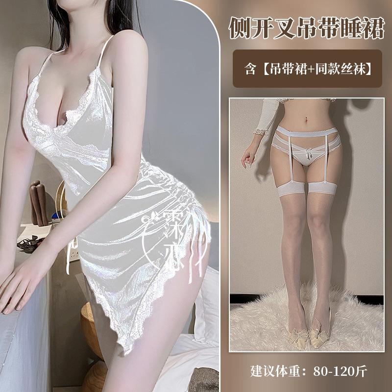 Sexy lingerie side split suspenders deep V backless pure lust sexy hot flirting female temptation