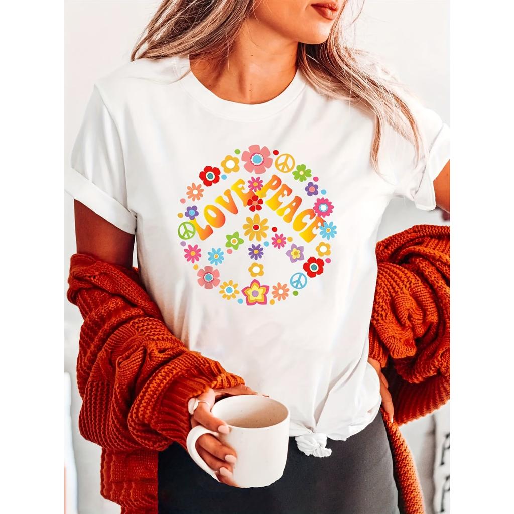Peace Sign LOVE PEACE Fashion Letter Print T-shirt, Short Sleeve Crew Neck Casual Top for Summer & Spring, Women's Clothing