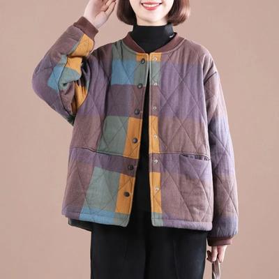 Cotton Jacket Women's Fall and Winter Padded Warm Loose Jacket Large Size Leisure Plaid Retro Tops