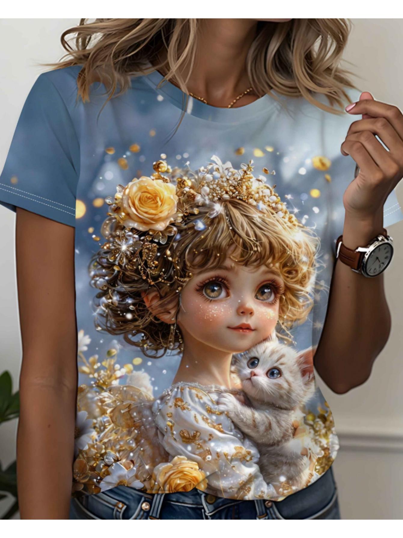 

Women S T-Shirt - Quick-Drying - And Versatile Women S T-Shirt Short-Sleeved Dreamy Elf Holding a Cat Round Neck Top. Full of Fairy Atmosphere. Comfor S дубильная кора