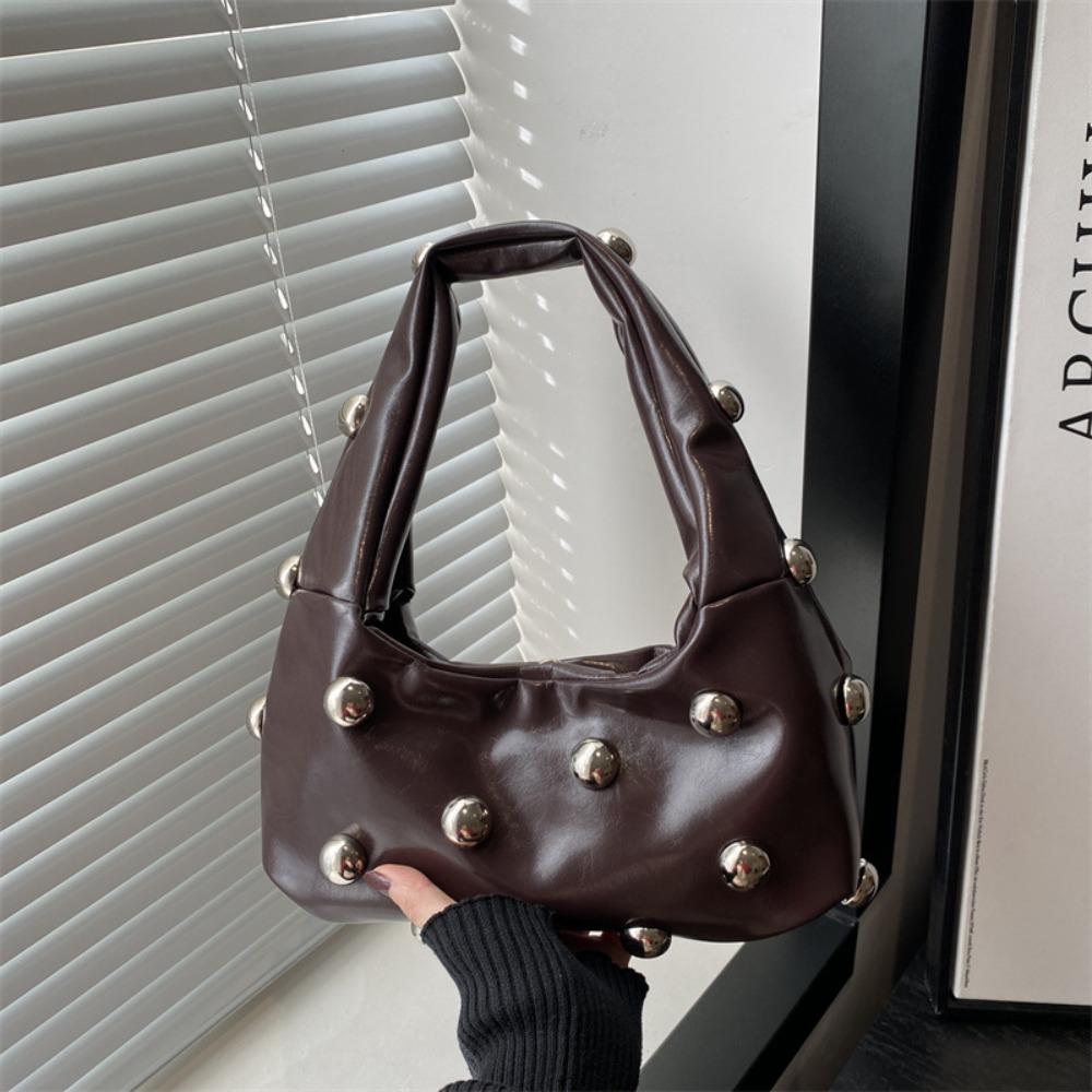 PU Leather Rivet Underarm Bag Punk Style Women s Handbag Fashion Rivet Shoulder Bag  Girls кофейный