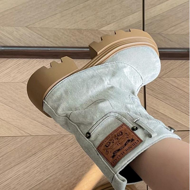 Inner Heightening Western Cowboy Boots Women's 2025 New Thick-soled Short Trouser Boots Retro Denim Old Martin Boots