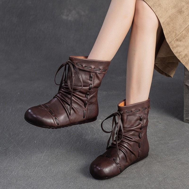 Fashion GKTINOO 2025 Autumn/Winter New Genuine Leather Pleated Round Toe Short Boots Retro Soft Soled Versatile Women's Shoes
