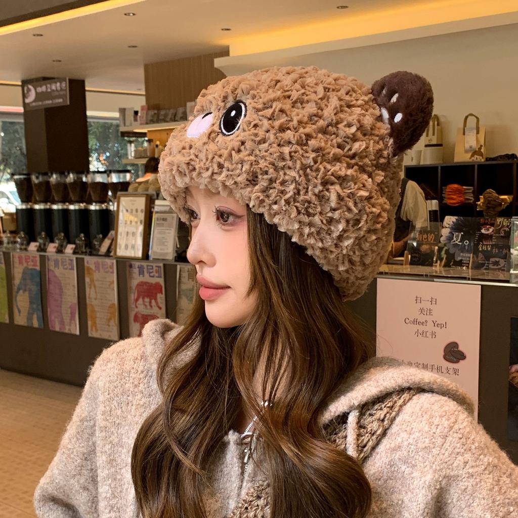 Korean Cute Bear Women's Hat Autumn Winter Beanie, Outdoor Warm Ear Protection Knitted Hat