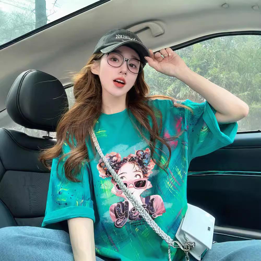 

Нишевая футболка тай-дай из чистого хлопка свободного кроя с граффити для женщин M (80-110 lbs) озеро синий