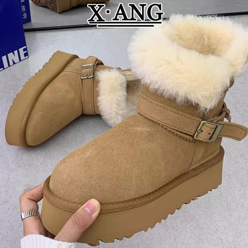 Sangpo sheepskin and fur integrated snow boots women's thick-soled non-slip two short boots piled and thickened thermal cotton shoes
