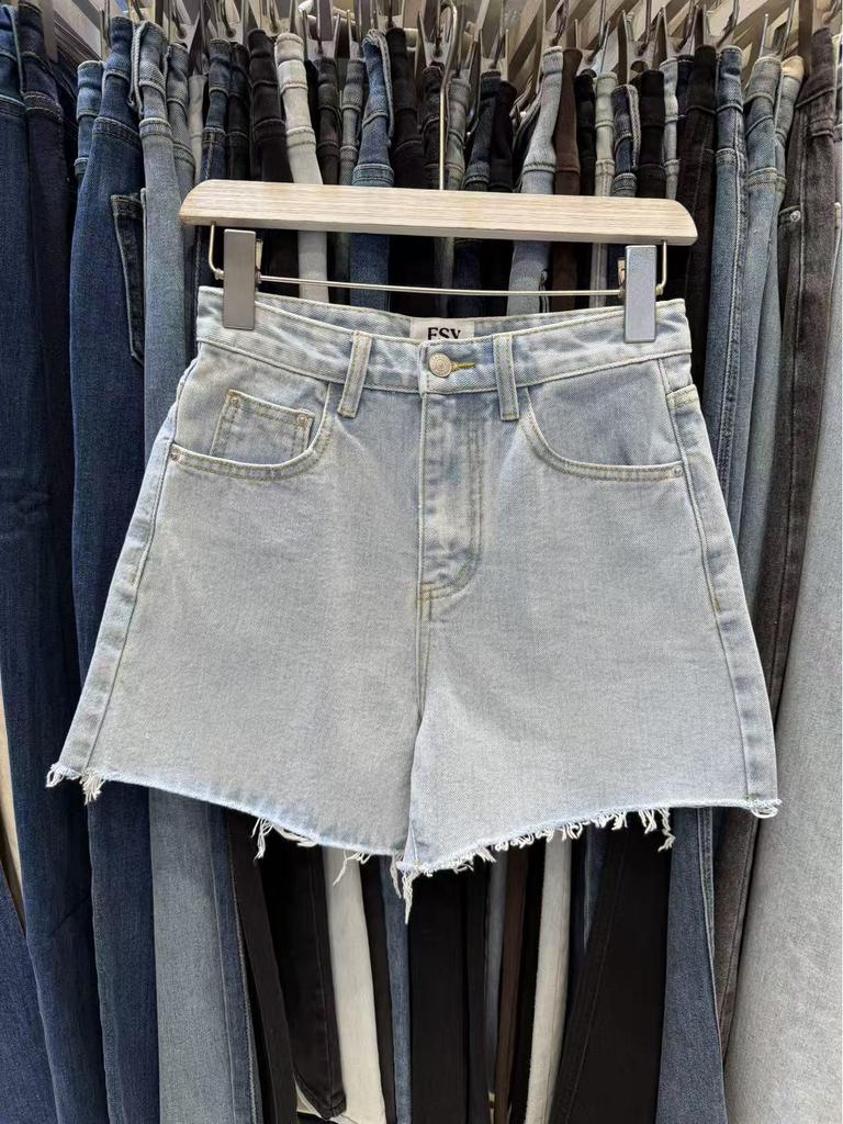 Women's European-Style Retro Blue Denim A-line Shorts - High Quality, Loose Fit, Frayed Hem, Wide Leg with Slit