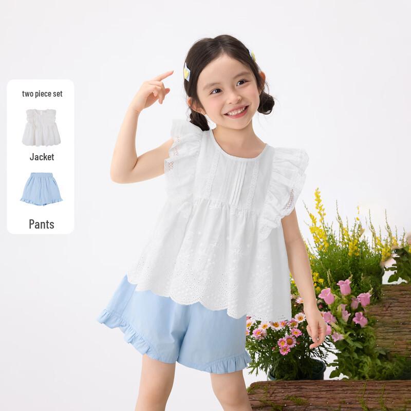 Girls Sweet Lace Flutter Sleeve Cotton Shorts Set 105 грязно-белый