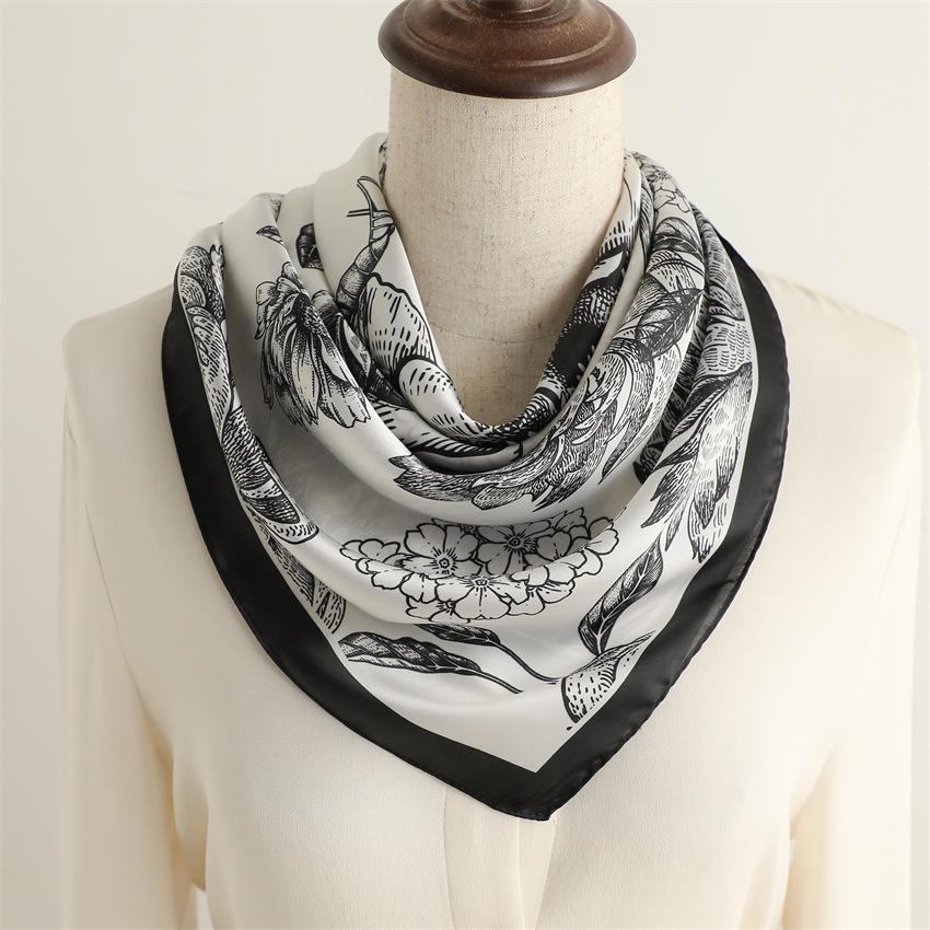 Simple and elegant flower silk scarf sunscreen shawl light luxury lily scarf simulation silk 71cm square scarf professional scarf women
