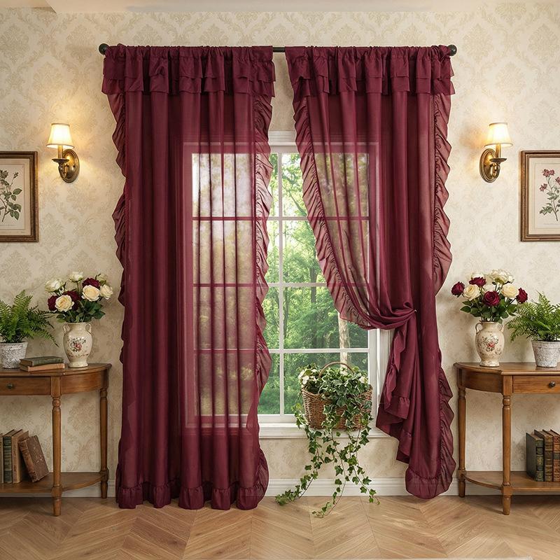 Perdea simplă, culoare solidă, cu volane și margini cu frunze, transparentă, pentru fereastră