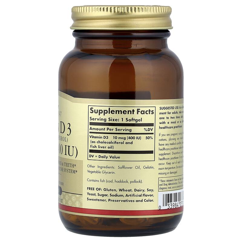 Vitamin D3 (Cholecalciferol), 10 mcg (400 IU), 100 Softgels