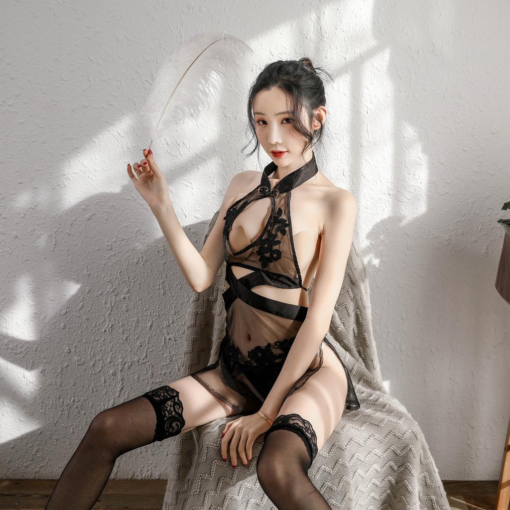 Sex Underwear Cross-exposed Classical Cheongsam Seduction Mesh Perspective Embroidery Sexy Nightdress Pure Desire Sex Uniform