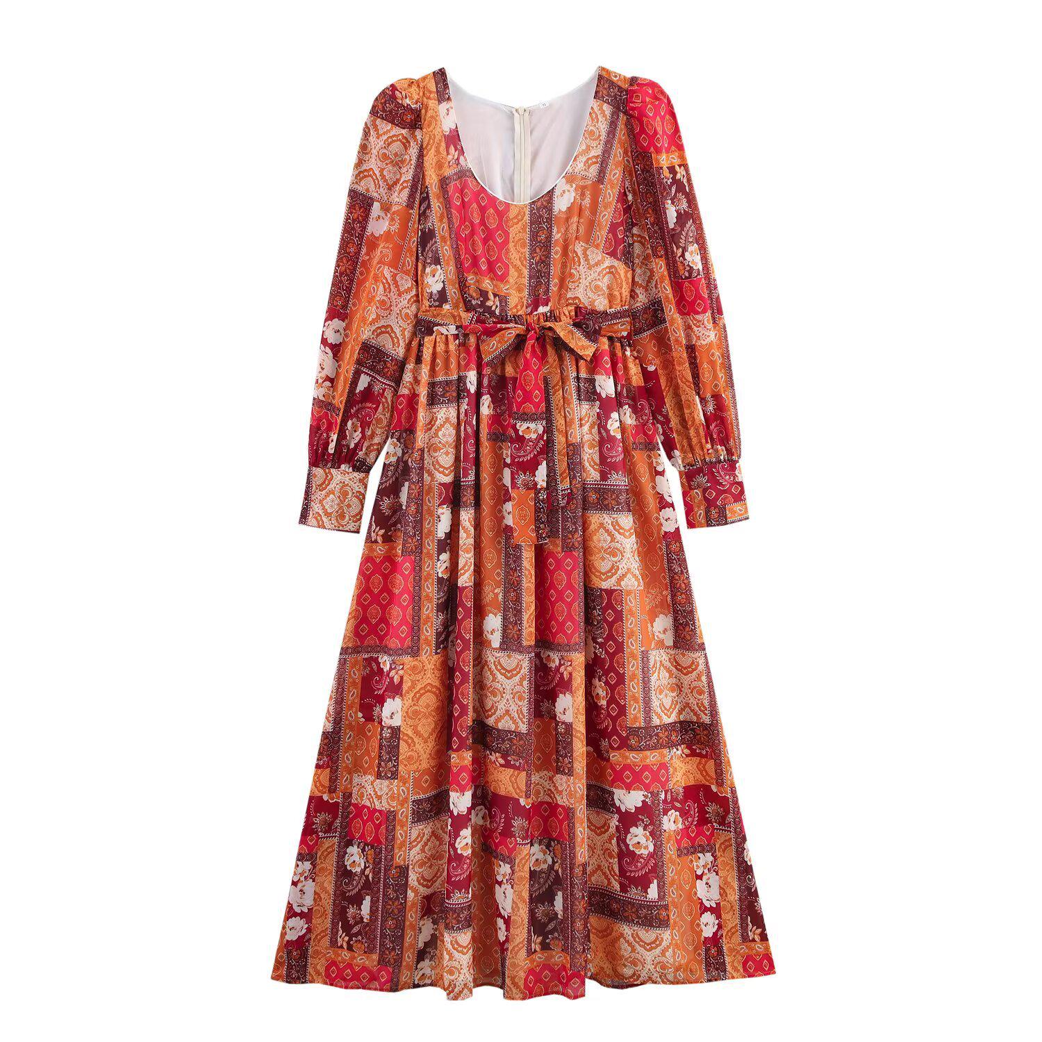 

Весеннее женское повседневное этническое длинное платье с завязкой на талии 2025 Small цветочный