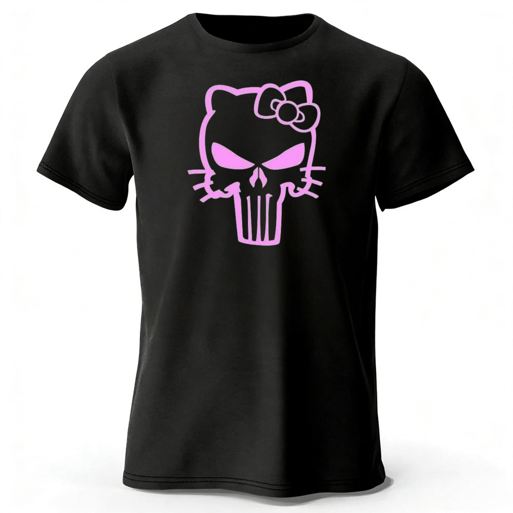 New Summer Pink Skeleton Cat Trendy Casual Printed Cotton Tshirt for Men Loose Large Breathable Short Sleeve Oneck Tshirt S