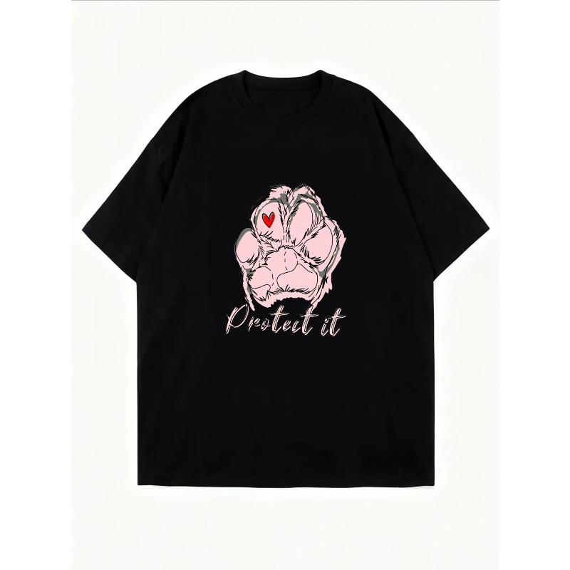 Women Casual T Shirt White Paw Print With Heart And Protect It Text For Pet Lovers Daily Wear