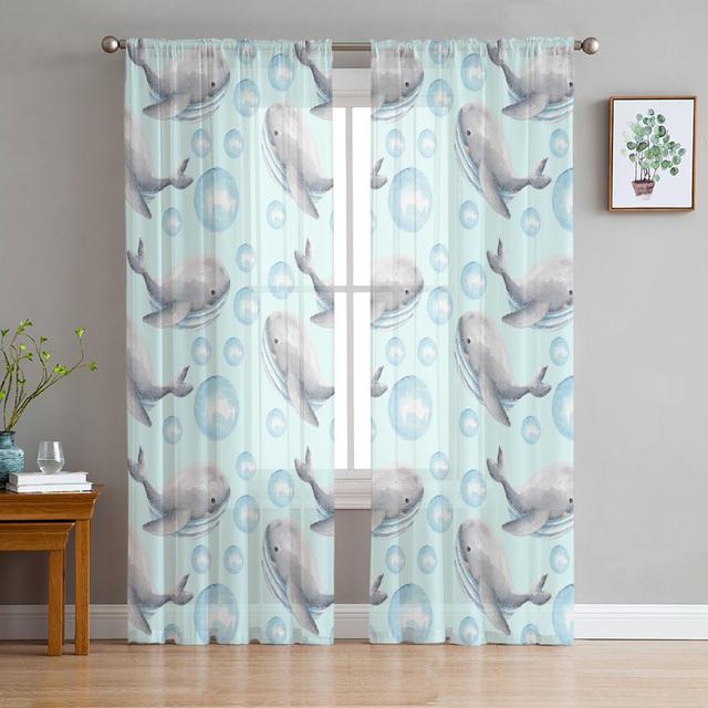Whale Animal Illustration Tulle Curtains For Living Room Decoration Modern Chiffon Sheer Voile Kitchen Curtain