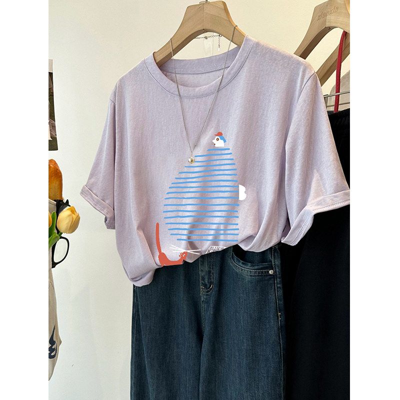 Fat Sister 100.00kg Plus size Korean Series Western Style Cartoon Cool Snowflake Cotton Short sleeve Women Summer Loose Slimming T-shirt Top