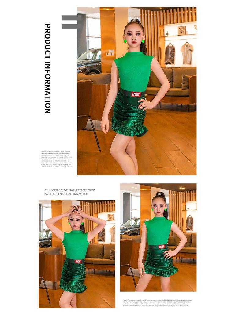 Qimei 2025 Girls' Latin Dancewear Set - Summer Children's Ballroom Training & Performance Outfit