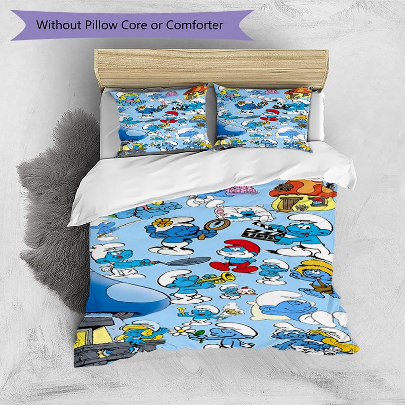 3pcs Duvet Cover Set (1*Duvet Cover + 2*Pillowcase, Without Core), Blue Smurfs Print Bedding Set, Bedroom Decor, All‑Season, Birthday Gift