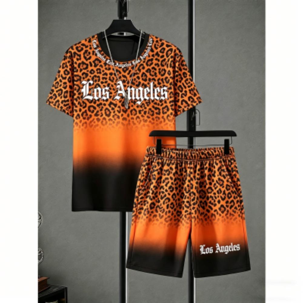 Men's Set Letter Leopard Printed Men's T-shirt and Shorts 2 Piece Set Summer Casual Outdoor Plus Size Men's and Women's T-shirt Sets