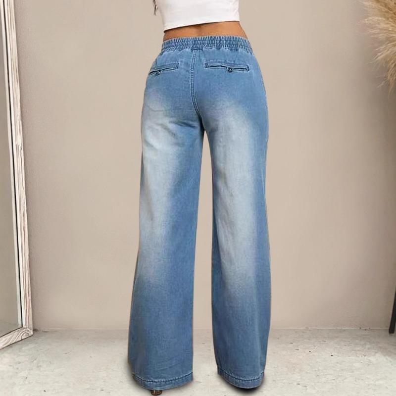 Women S Wide Leg Drawstring Elastic Waist Relaxed Fit Casual Denim Jeans