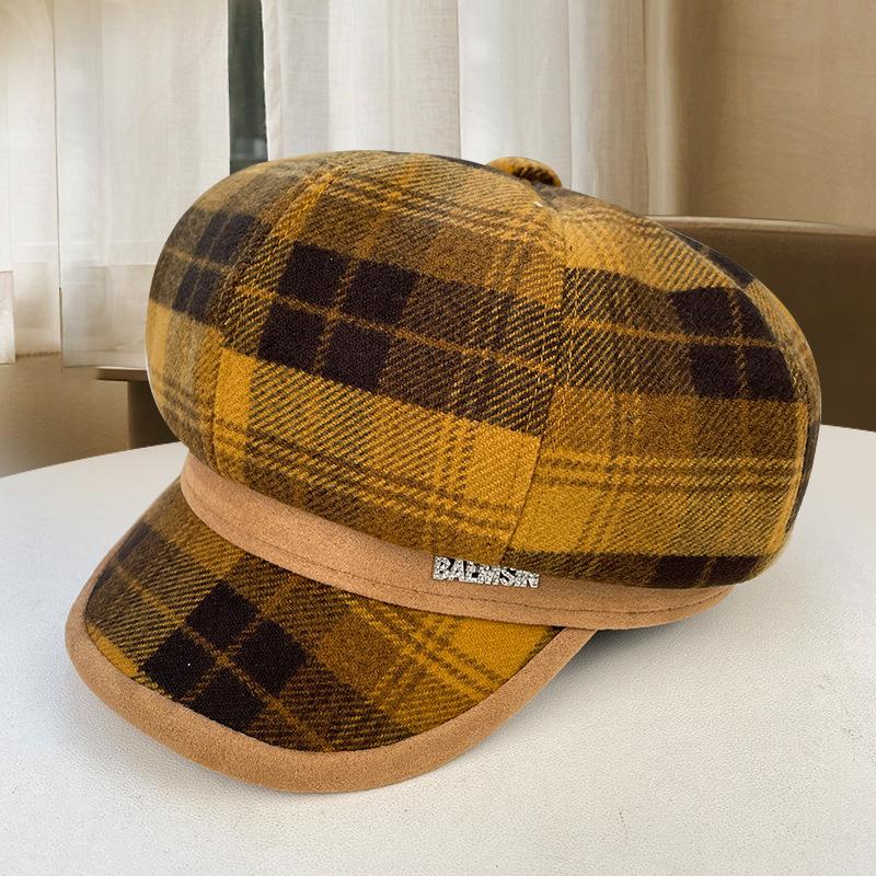 

Клетчатая восьмиугольная шляпа для женщин, ретро, на все случаи жизни, литературная шляпа художника, осенняя, для маленького лица, кепка газетчика, берет для большой головы 54-59cm