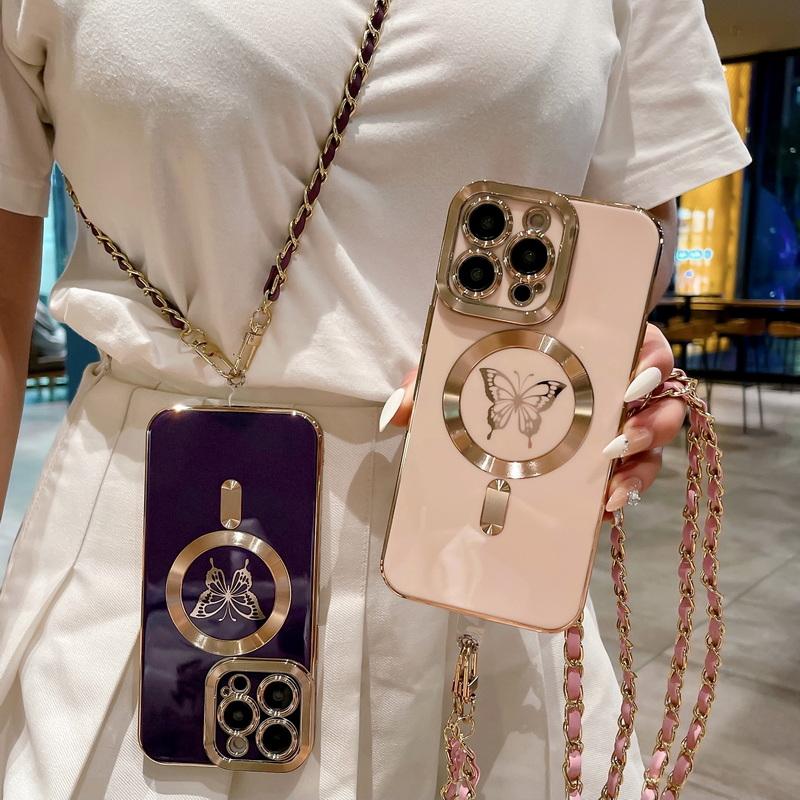 

Роскошный ремешок с узором бабочки, противоударный чехол для телефона из ТПУ, задняя крышка для Magsafe для iPhone 14 13 12 Pro Max 11
