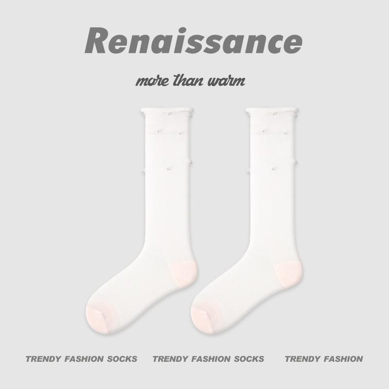 Renaissance Pearl Mid-Calf Women's Socks: Original Thin, Solid Color, Puffy Ins Style.