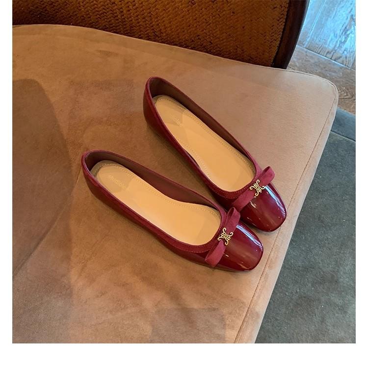 Grape mother of the same style, inner height increase of 3cm~ noble gold buckle bow square round head thick bottom shallow mouth single shoes women's