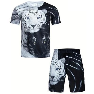 Men's Comfortable Casual Tiger Printed Round Neck Short Sleeve T-Shirt And Shorts Set