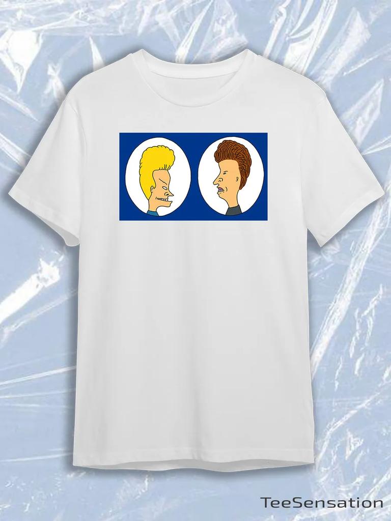 TeeSensation White Crew Neck Short Sleeve T-Shirt with Beavis and Butt-Head Cartoon Faces Print