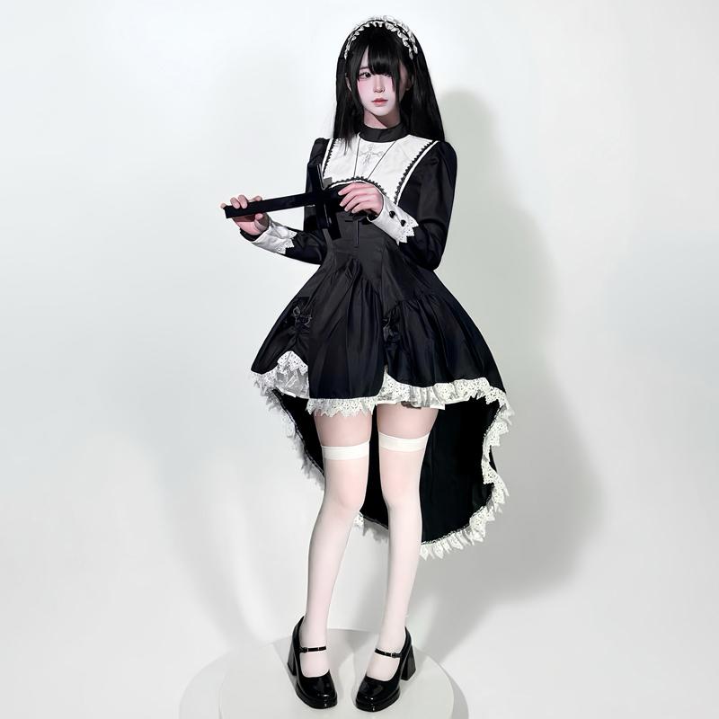 Anime Cosplay Costume Dark Sweet and Cool Embroidered Cross Halloween Nun Costume COS Costume