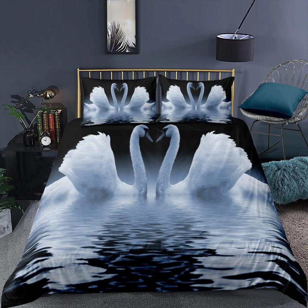 Swan Duvet Cover Black And White Swan Duvet Cover Queen Bird Comforter Cover Microfiber Romantic Flower Wild Animals Quilt Cover