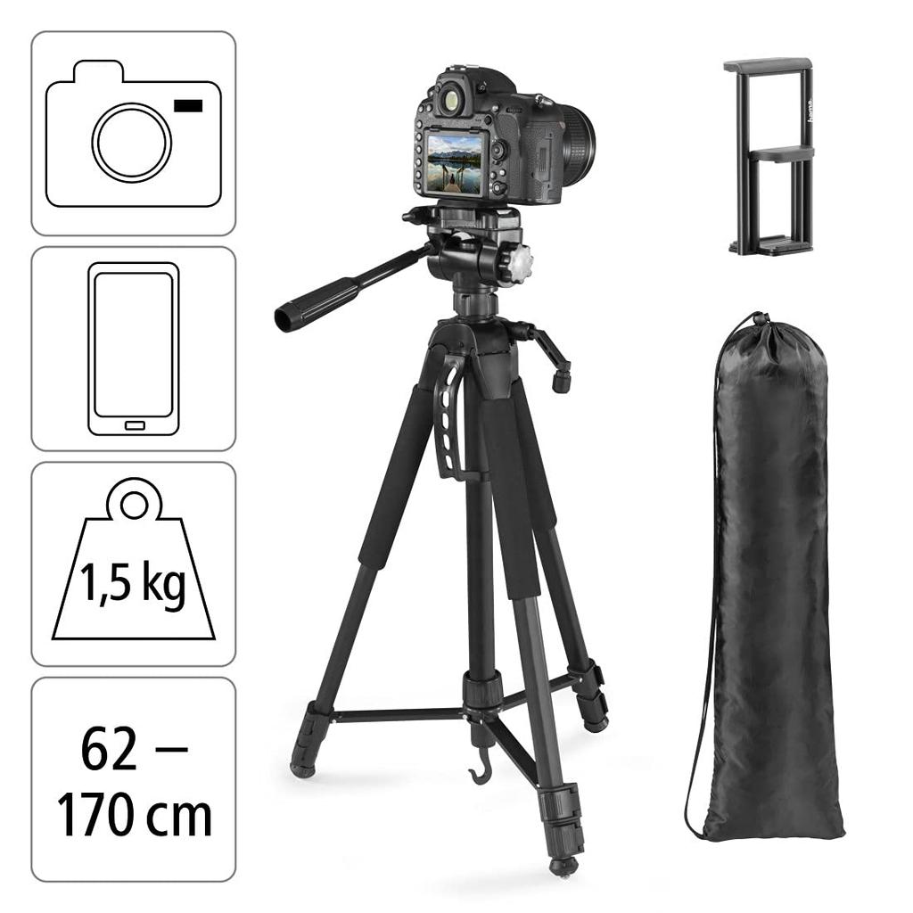 Hama Action 170 3D Camera Height Photography Tripod with Phone and Tablet and Bag for SLR Black Tripod, 62-170cm, Holder, 3-Way Head, Cameras,
