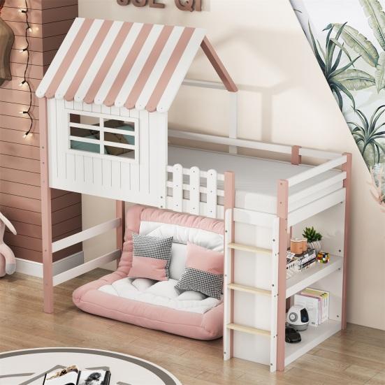 Loft Bed Children 90x200cm High And Low for Boys Girls Home Roof Shape Bunk with Safety Ladder Storage Compartment Multifunctional Solid Wood Slatted