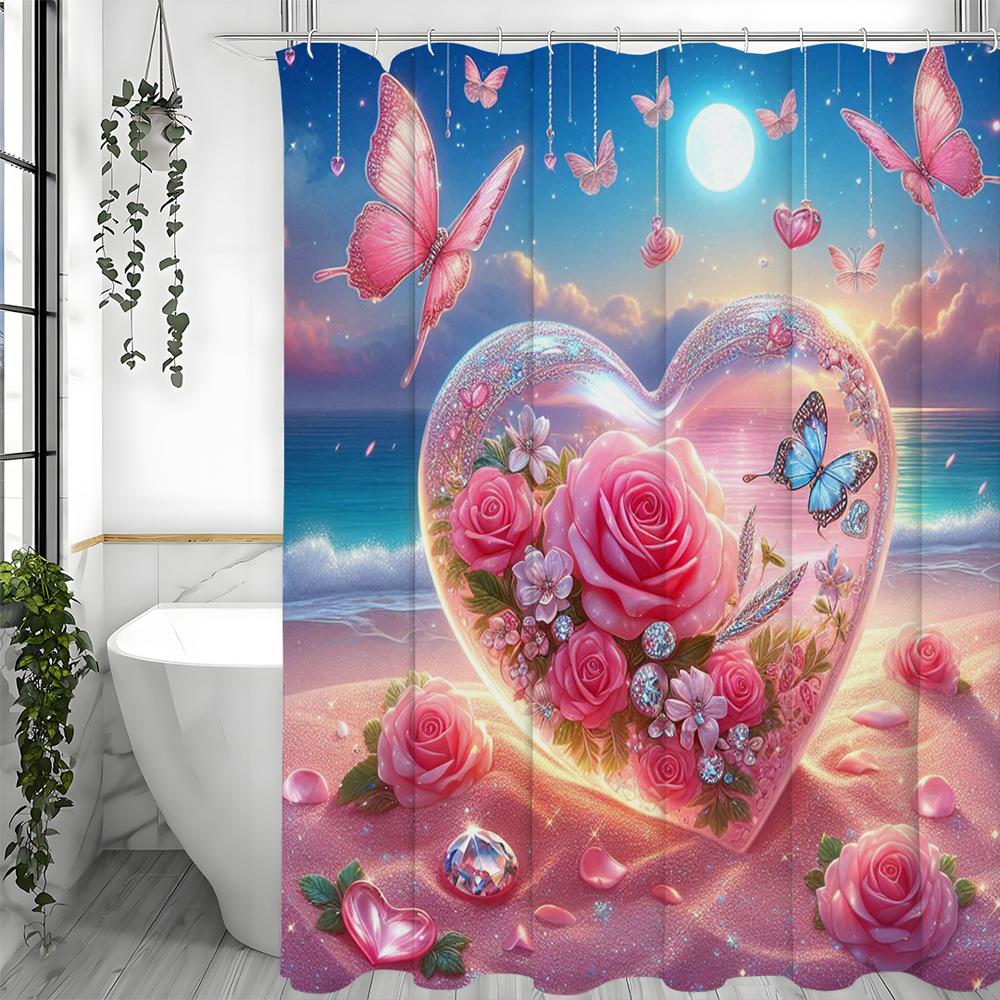 Ocean Beach Pink Butterfly Rose Floral Botanical Shower Curtain, Bathroom Decorative Shower Curtain, Waterproof Shower Curtain w